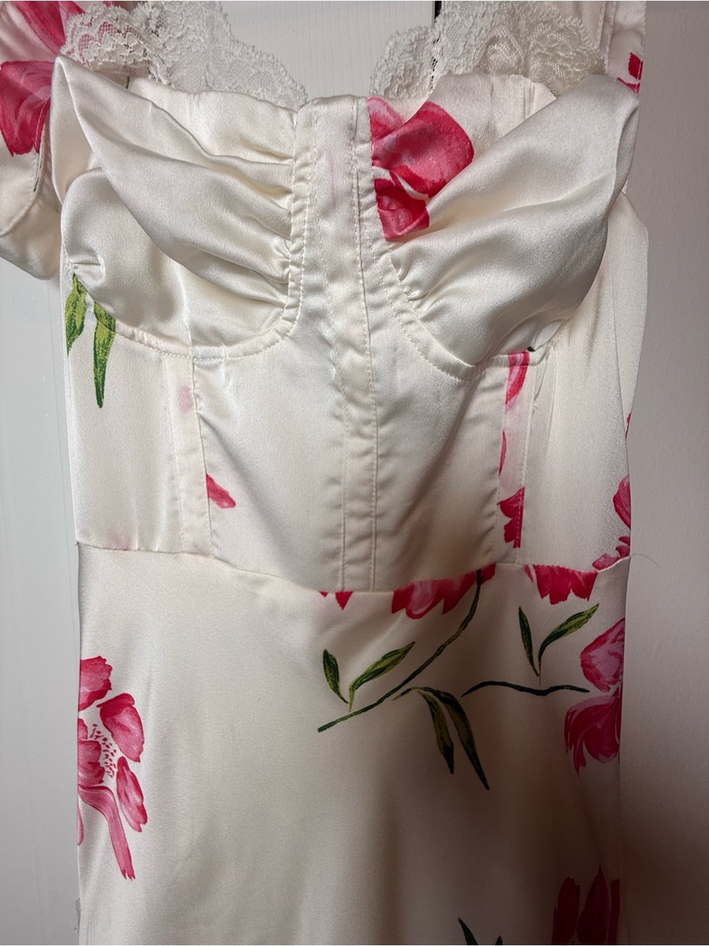 Fashion Nova Ivory Strapless Satin Dress with Pink Floral Accents